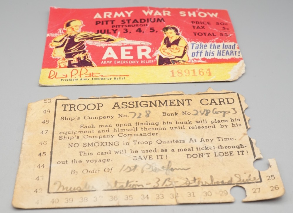 WWII Army War Show Movie Ticket and Troop Ship Assignment Card Lot Of 2