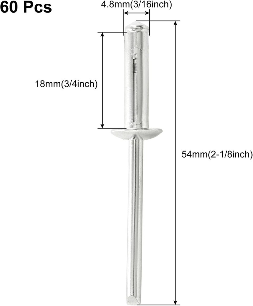60 Pcs 3/16" x 3/4" Tri-Fold Exploding Pop Rivets, 3/16 x 3/4, Silver