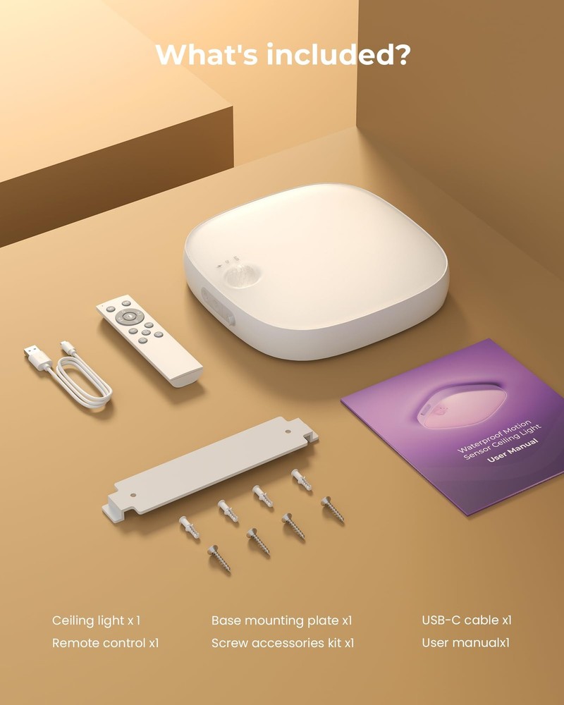 Shower Lights IP65 Waterproof, Motion Sensor Ceiling Light, Rechargeable Clos...