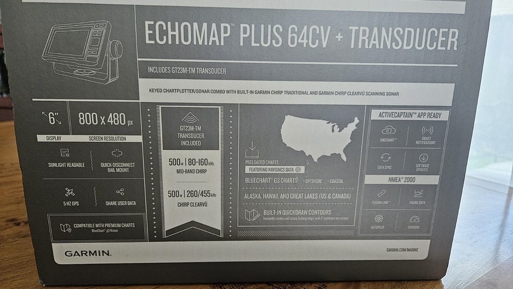 Garmin Echomap Plus 64CV + Transducer, Chartplotter MFD, GPS with mount NIB