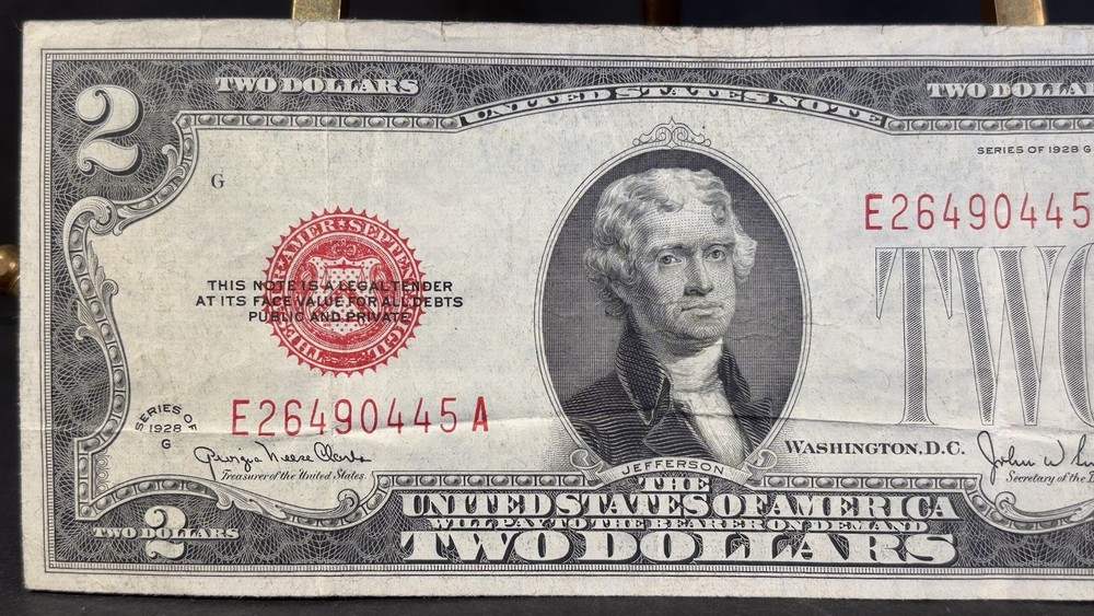 1928 G U.S. $2 Red Seal Banknote Misaligned Border Error