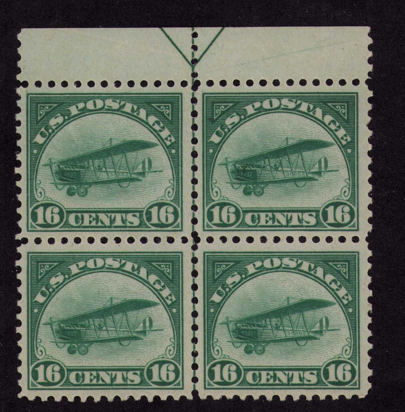 1918 US C2 Curtiss Jenny Bi Plane 16c Top Arrow Block of 4 VF/XF Mint