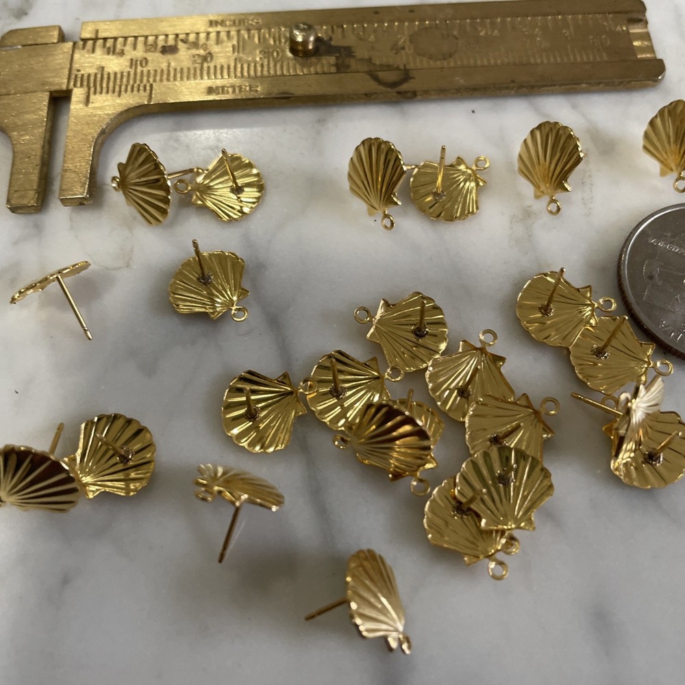 72 Vintage Gold Plated Scallop Shell Post Earrings With Drop Loop