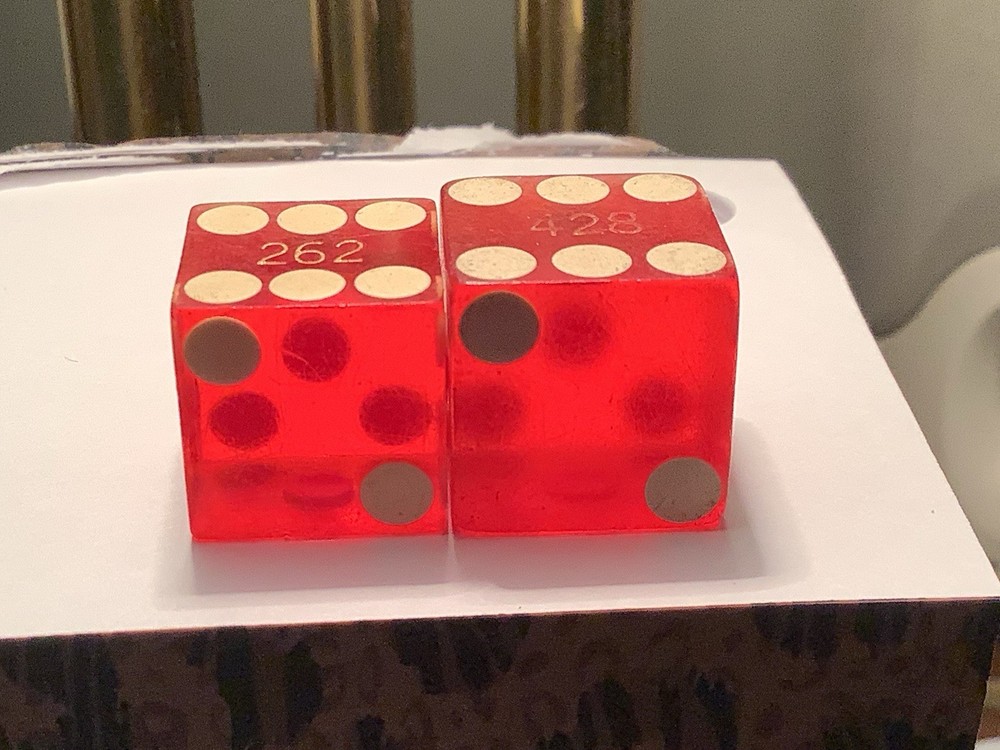 Vintage precision engraved dice, translucent red, sharp-edge, serial numbered