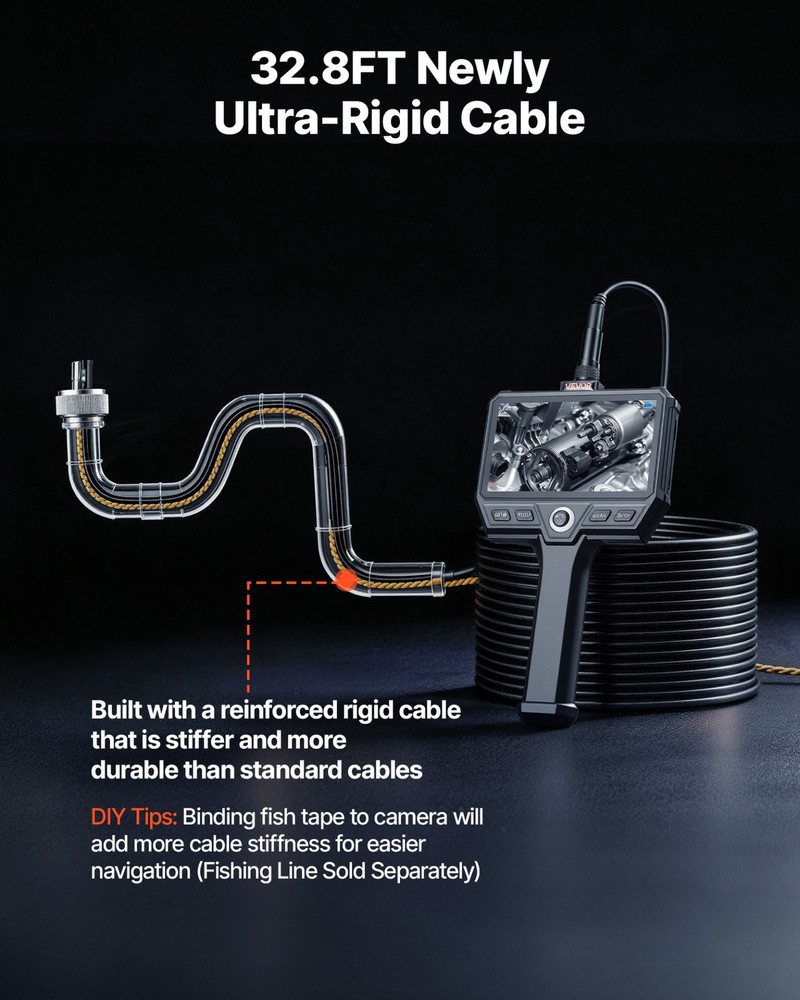 Triple Lens Endoscope 32.8FT Cable 5" Screen Borescope Camera w/ Light IP67