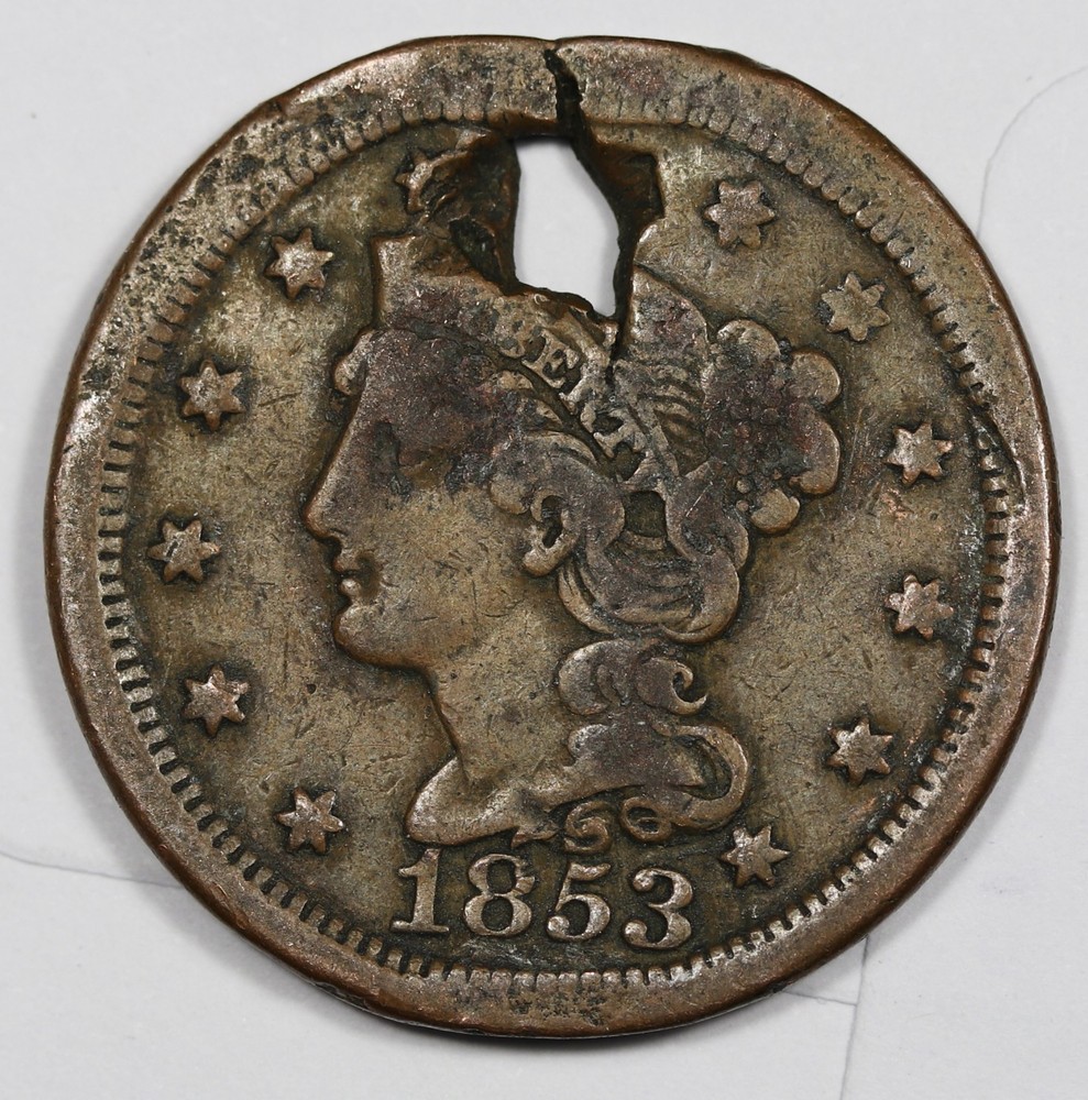 1853 Large Cent.  Square Holed.  212759