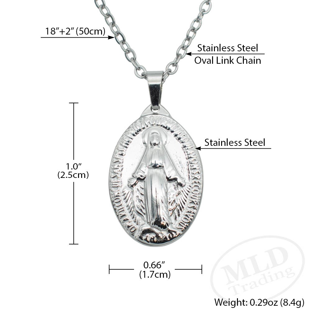 Miraculous Medal Necklace – Stainless Steel Virgin Mary Pendant – 18”+2” Chain