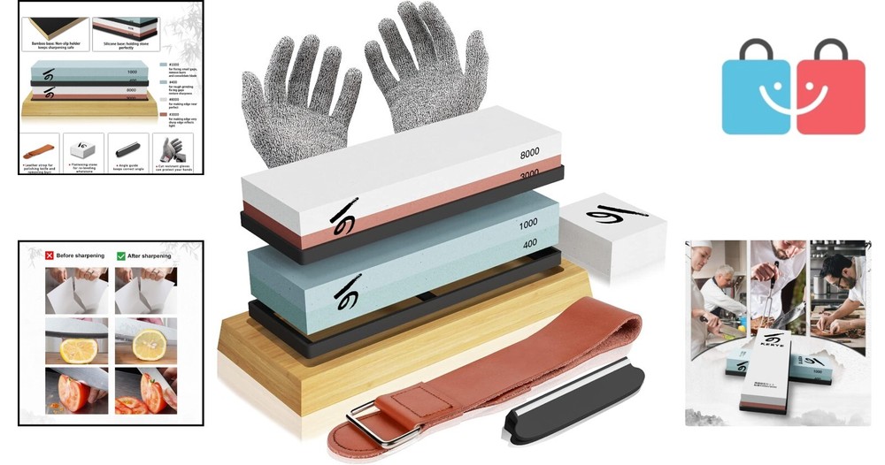 Razor Sharp Knife Sharpening Stone Set – Safe & Easy with Cut-Resistant Gloves