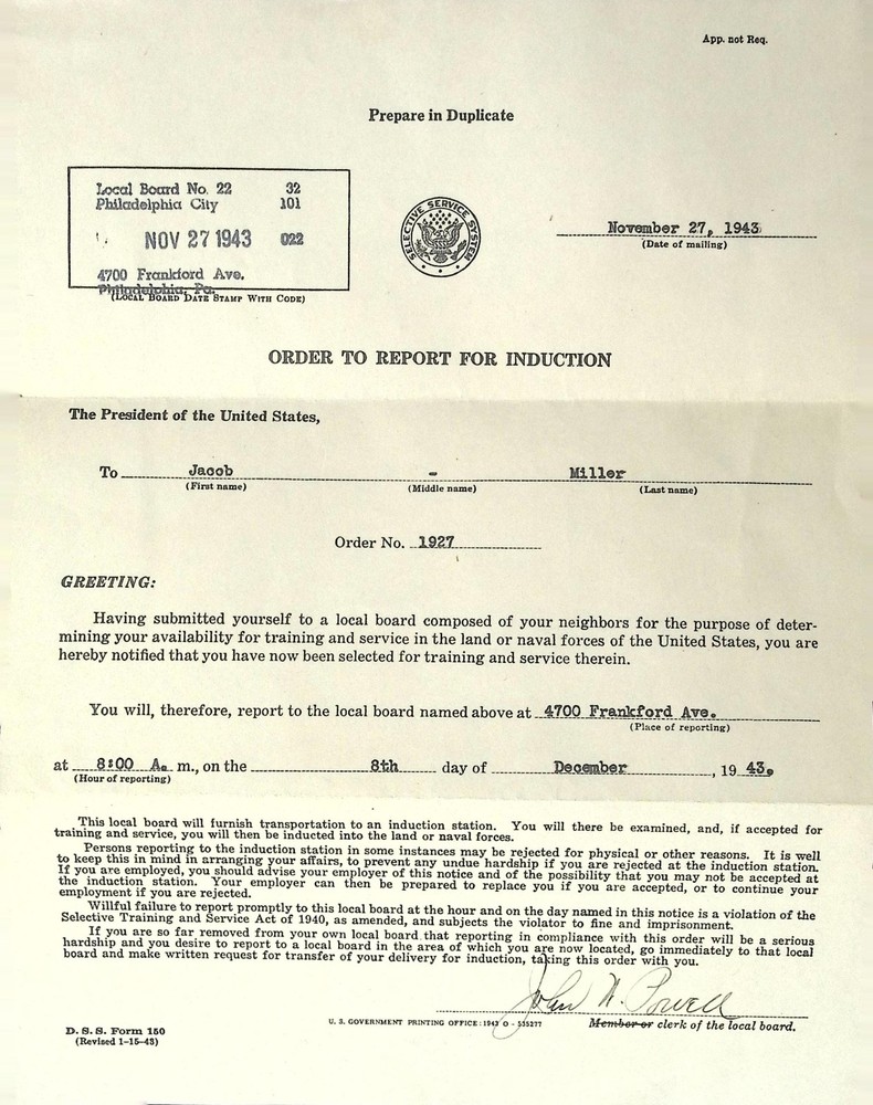 1943 WWII Selective Service Order To Report For Induction Draft Notice Document