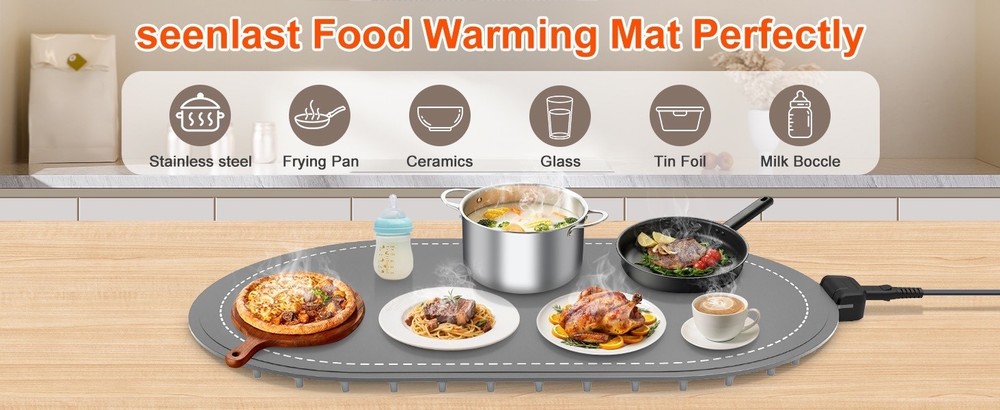 Electric Food Warming Mat, Adjustable Temp Timer, Silicone, 24"x15" Gray
