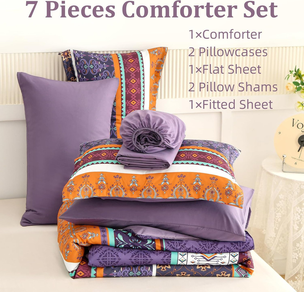 Boho Comforter Set King Size,7 Pieces Bohemian Striped Bedding Comforter Set Bed