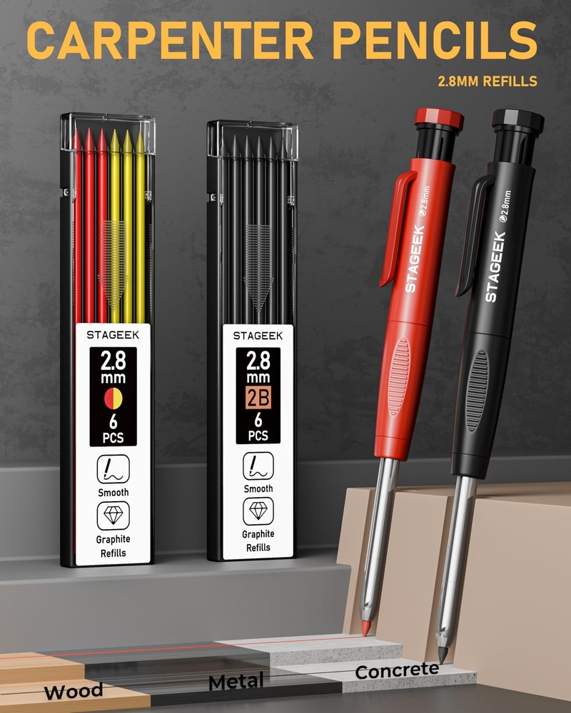 17 Pack Mechanical Carpenter Pencil Set with Sharpener 40 Refills, Automatic Cen