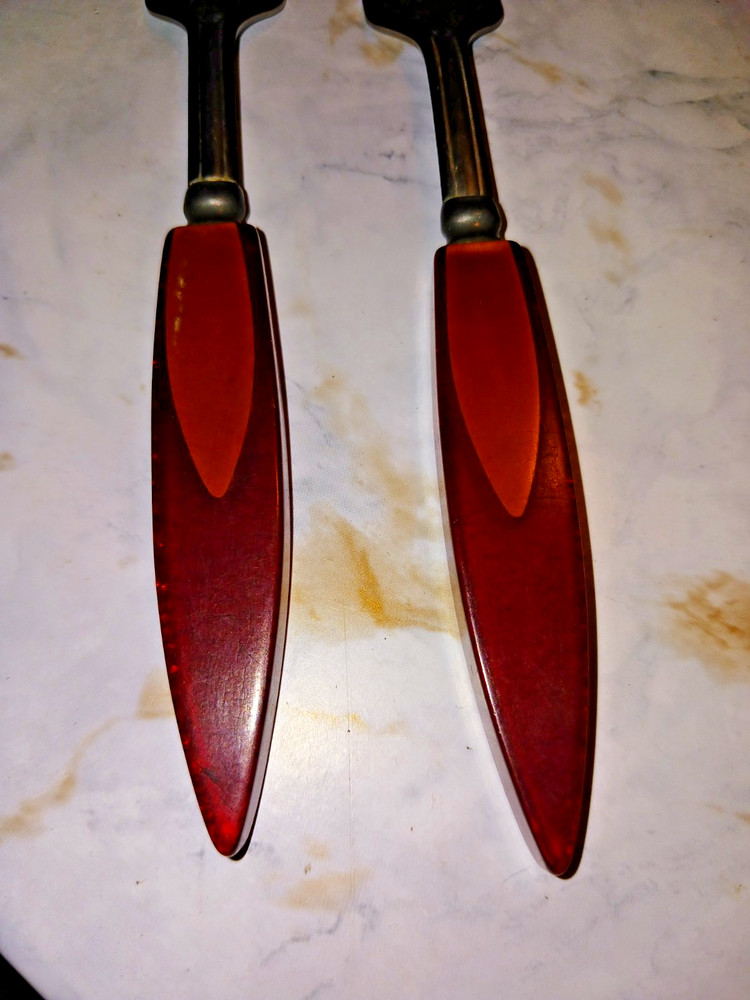~Bakelite Catalin 9-Pc Cherry Red & Butterscotch Inlaid Flatware 1930's~