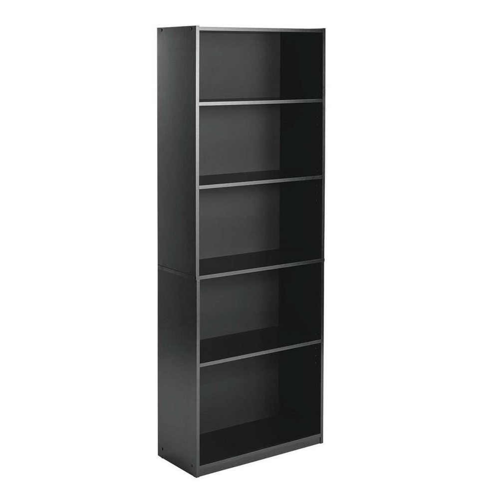 Five-shelf bookcase with adjustable shelves, solid black oak