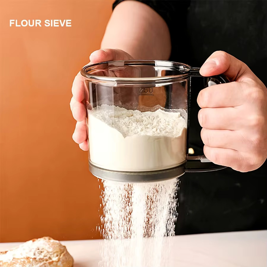Semi-Automatic Flour Sifter Hand Press Transparent Non-Stick, Kitchen Strainer