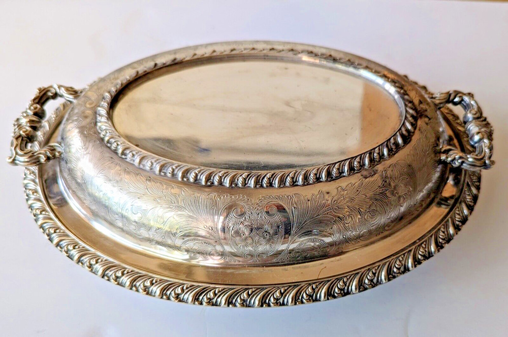 Barker Ellis England Antique Silverplate Lidded Dish Engraved Flowers Rococo