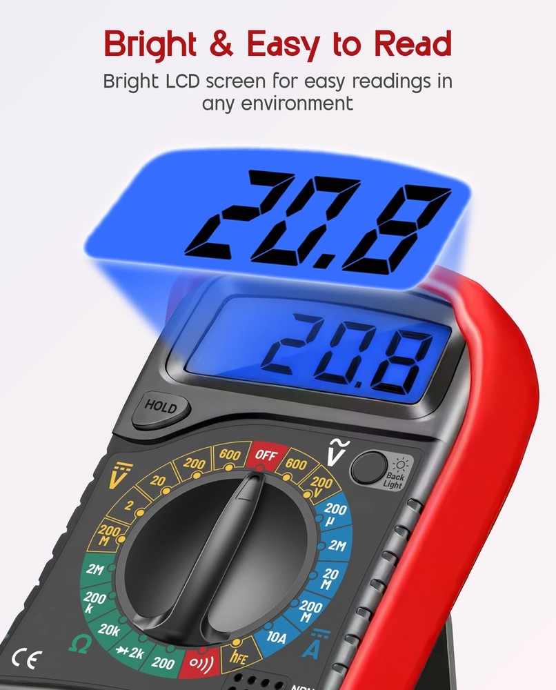 ULTRICS Digital Multimeter, Voltmeter Ammeter Ohmmeter with Test Leads Red