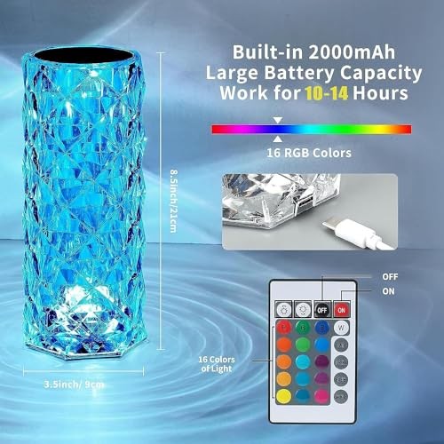 2 Pack Crystal Table Lamp, Remote and Touch Control Rose Wave Lamp, RGB 2Pack