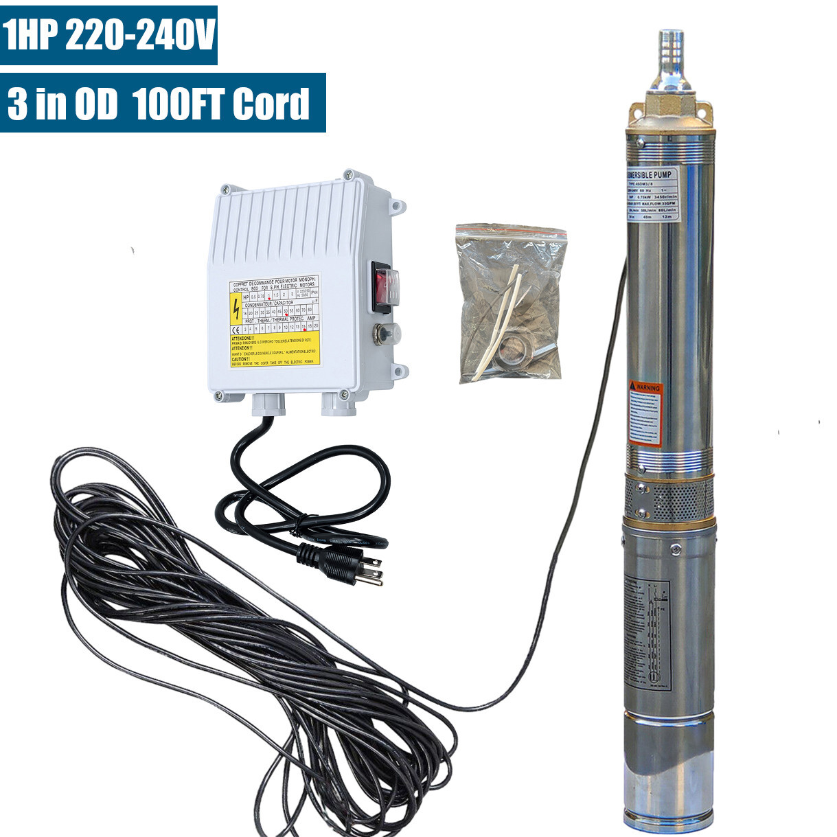 3'' OD 1HP Deep Well Submersible Pump 230V 13GPM 247ft Stainless Steel 100' Cord