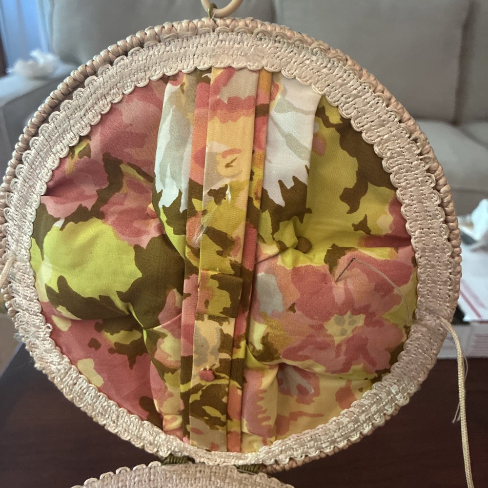 Vintage Round Woven Wicker Sewing Basket Small Boho lined w./ plastic insert