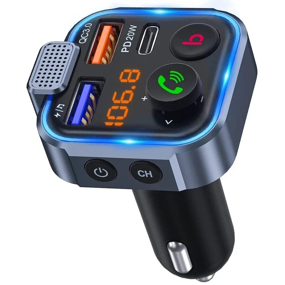 Bluetooth 5.0 Car Wireless FM Transmitter Adapter 2 USB PD Charger AUX