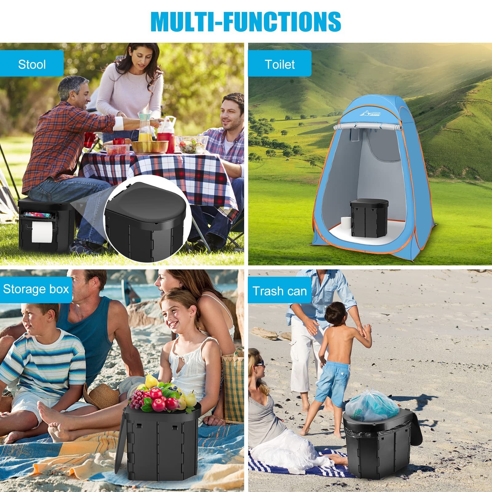 Portable Camping Toilet with Detachable Phone Shelf and Toilet Paper Holder