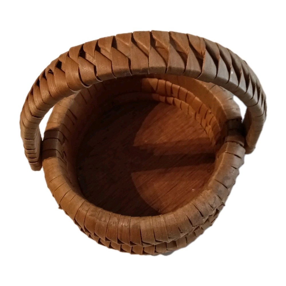 Small Vintage Bamboo Basket Triple Coils w/Handle Easter Round Boho