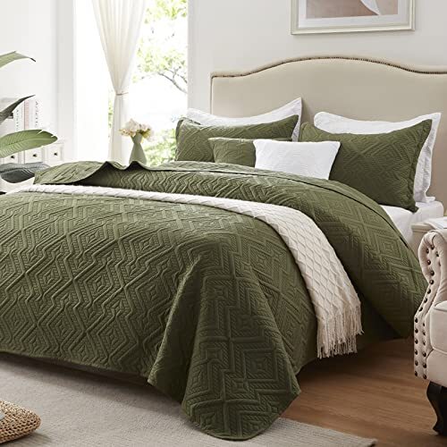 Full/Queen Soft Microfiber Olive Green Bedspread Warm Bedding Quilt Sets