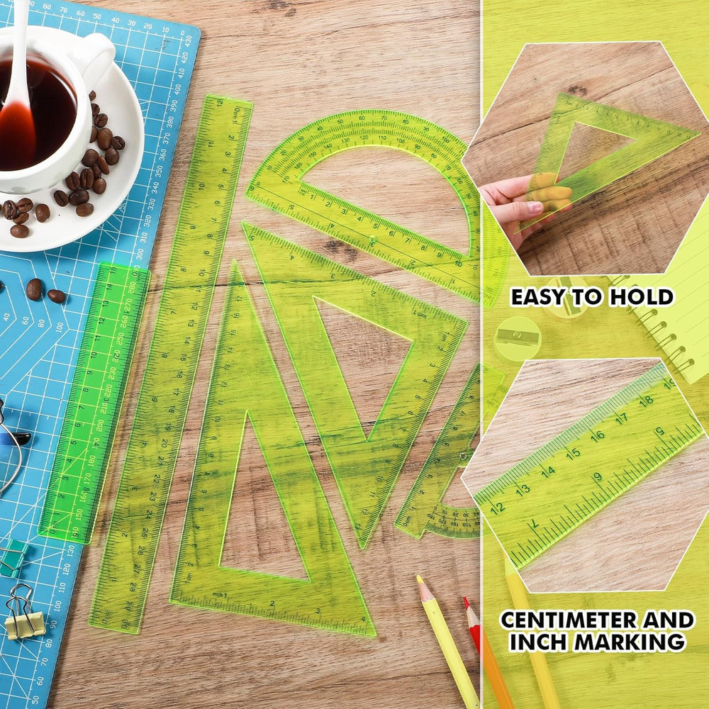 6 Pcs Plastic Ruler Math Set Includes 12 Inch 6 Inch Straight Protractor Triangl