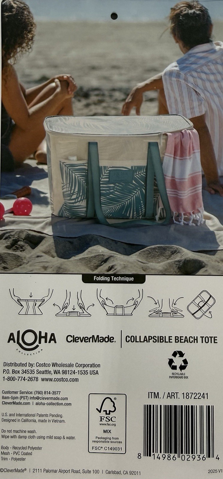 Aloha Collection CleverMade Costco Collapsible Beach Tote Bag - Floral Green