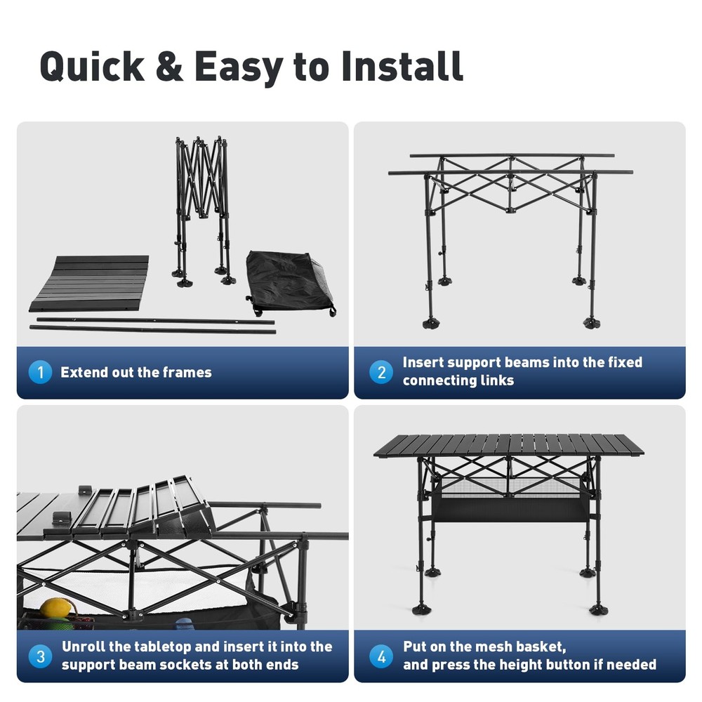 Folding Camping Table, Portable Roll-up Table with Adjustable Height, Large S...