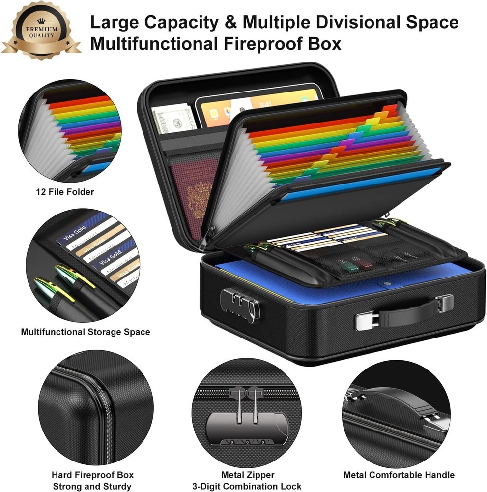 -94 VTM-0 Fireproof Document Box with Lock - Large 15x11x5, Black Elegance