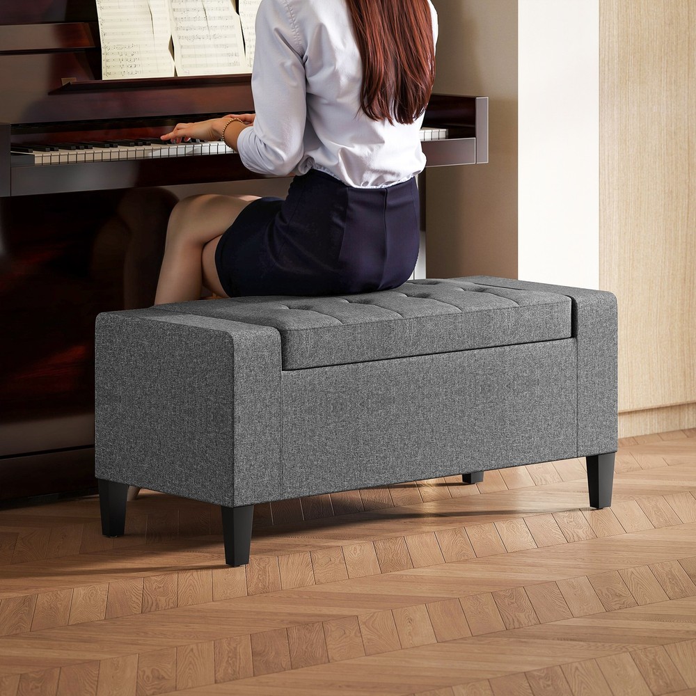 Rectangular Tufted Linen Storage Ottoman Bench with Flipping Top Gray