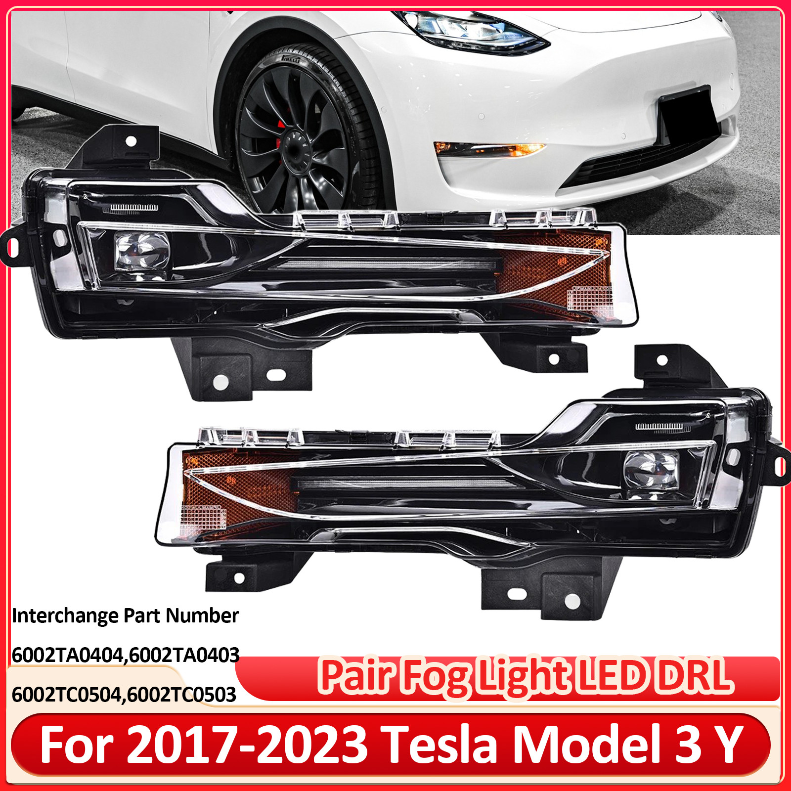 For 2017-2023 Tesla Model 3 Y Pair LED DRL Front Fog Light Lamp Left &Right