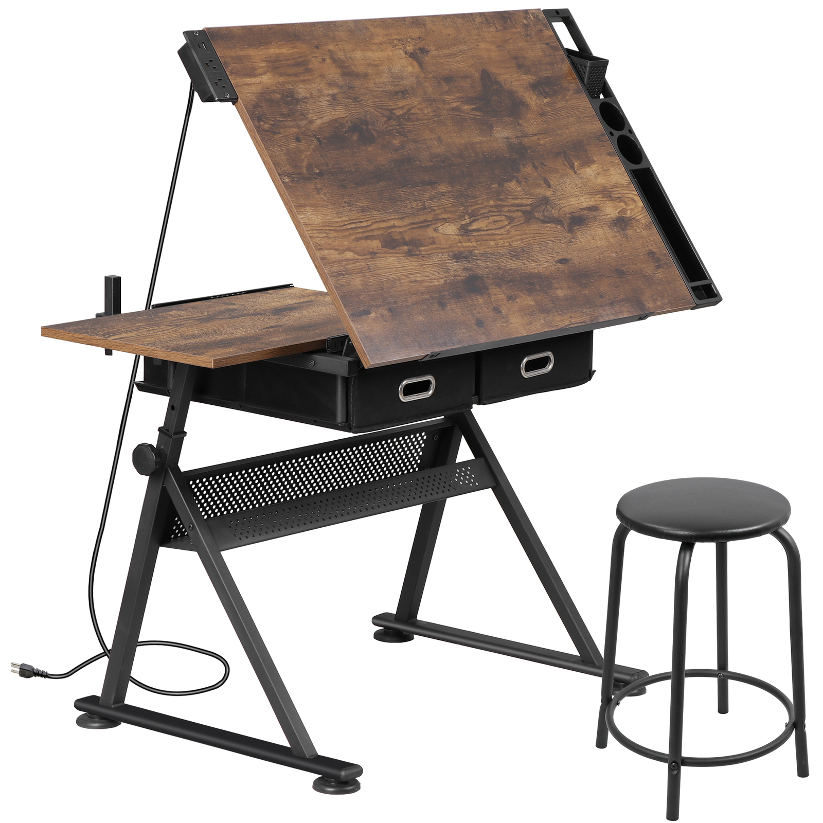 Drafting Table Drawing Desk Adjustable Tabletop w/Charging Station & Stool Retro