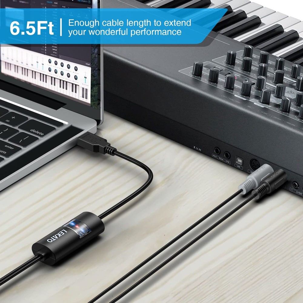 USB MIDI Cable 6.5Ft Interface Adapter for Piano Keyboard Synthesizer