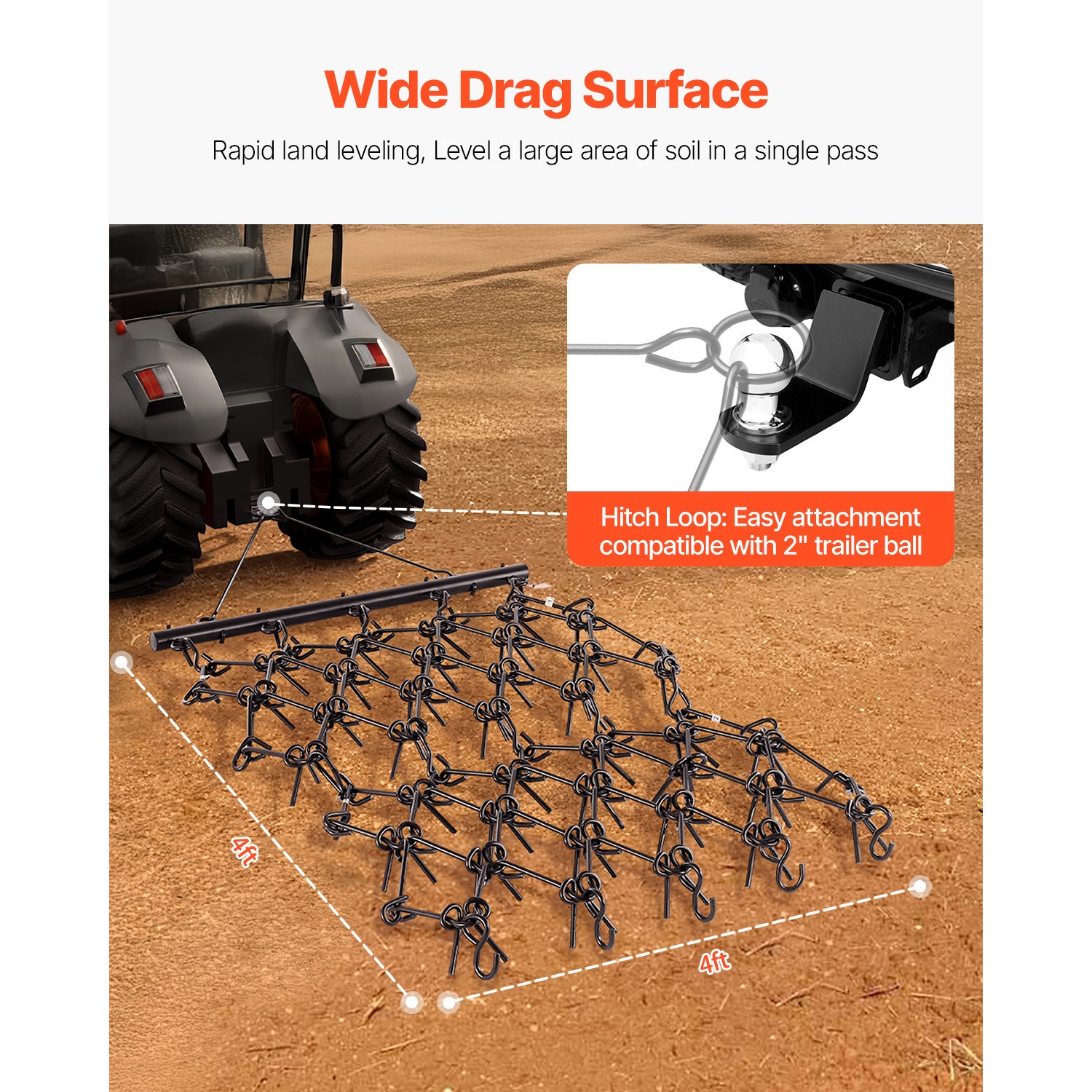 Drag Harrow 4 x 4 ft Chain Harrow ATV Lawn Rake for Landscape Leveling