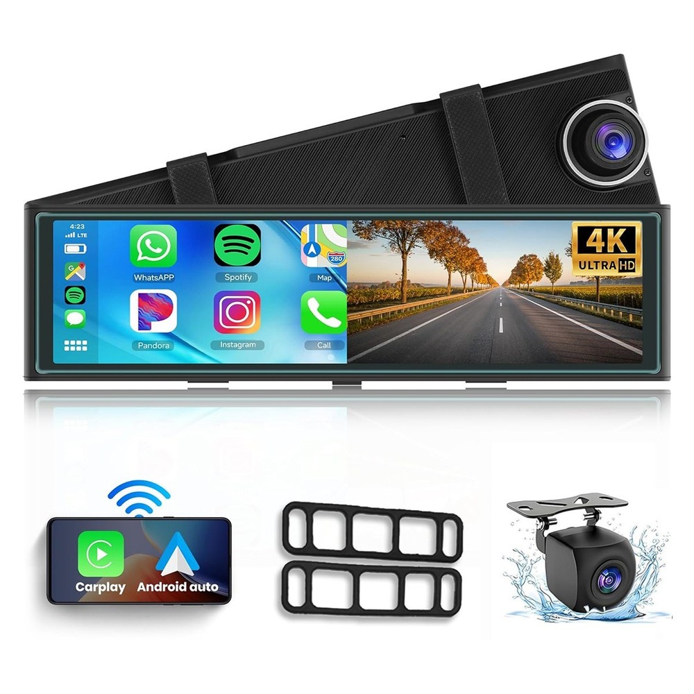 Mirror DashCam Wireless CarPlay Android Auto 9.66" IPS Touch 4K Front 1080P Rear