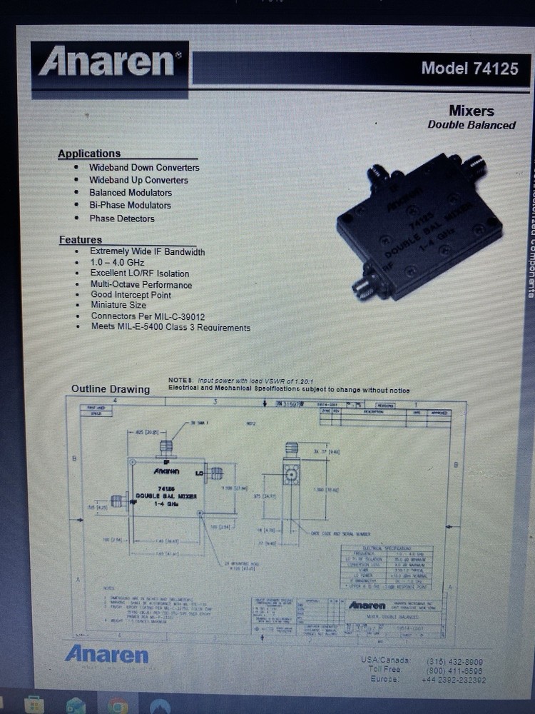 ANAREN 74125 DOUBLE BALANCED 1-4GHZ Excellent Insolation New
