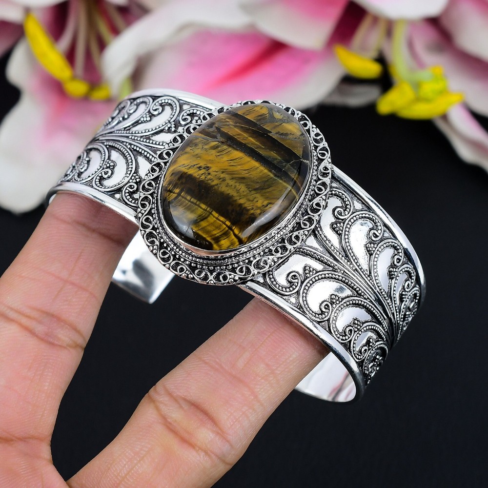 Tiger's Eye Gemstone Handmade 925 Sterling Silver Bangle Adjustable Cuff