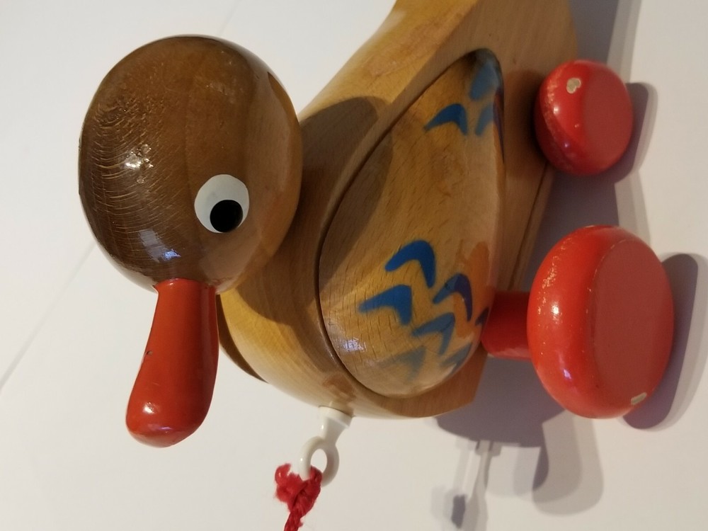 Vintage Wobbly Solid Wooden Animated Duck Pull Along String By Simba Rare!