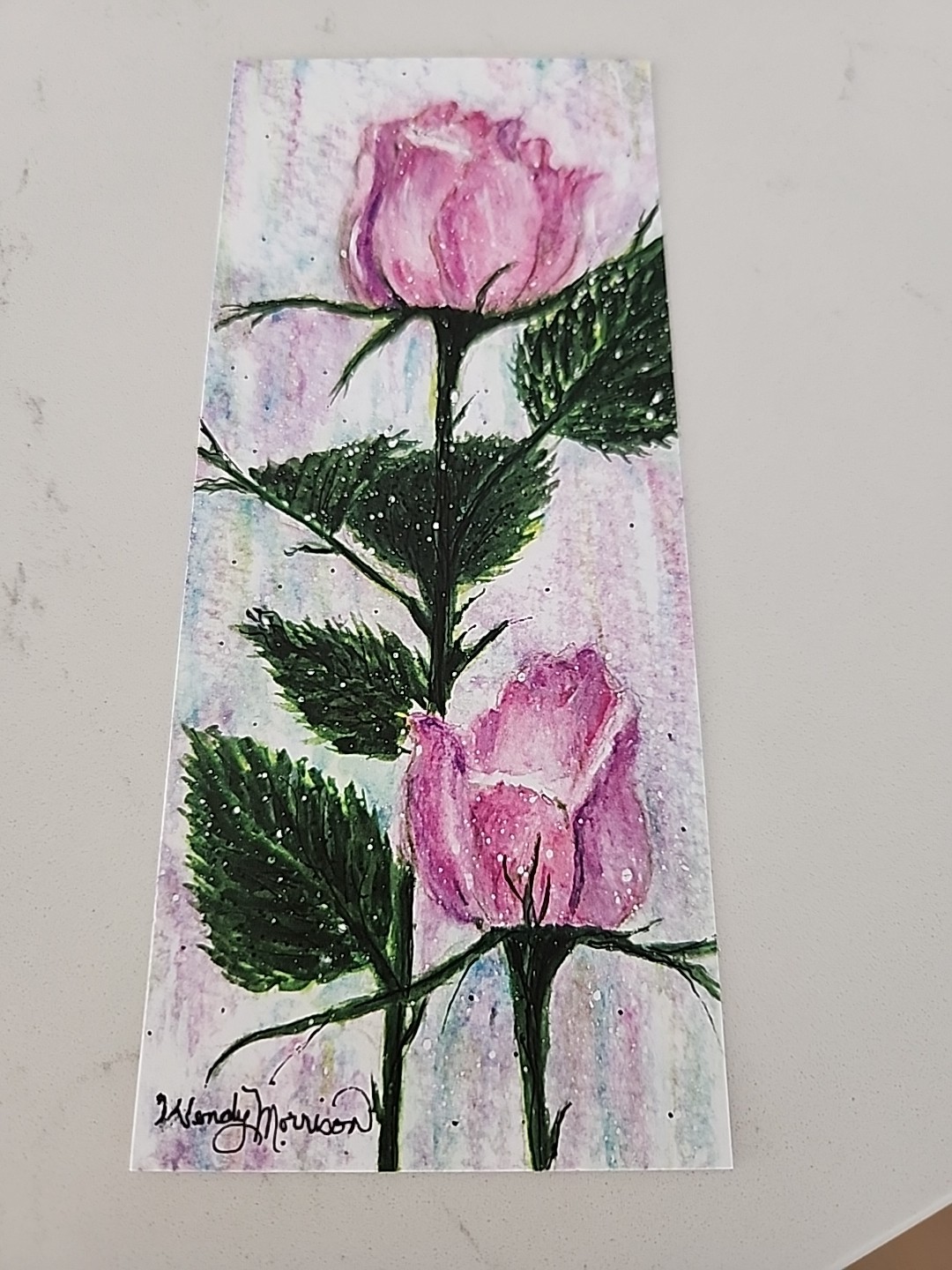 Hand Painted Bookmark Rose Buds 3" x 7" Watercolor Original Artist Print