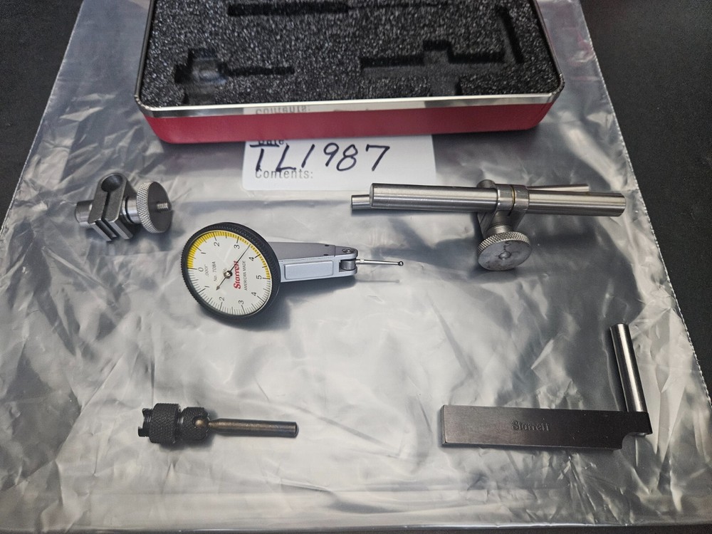 STARRETT #708-A DIAL TEST INDICATOR W/ATTACHMENTS, DOVE TAIL MOUNT, WHITE
