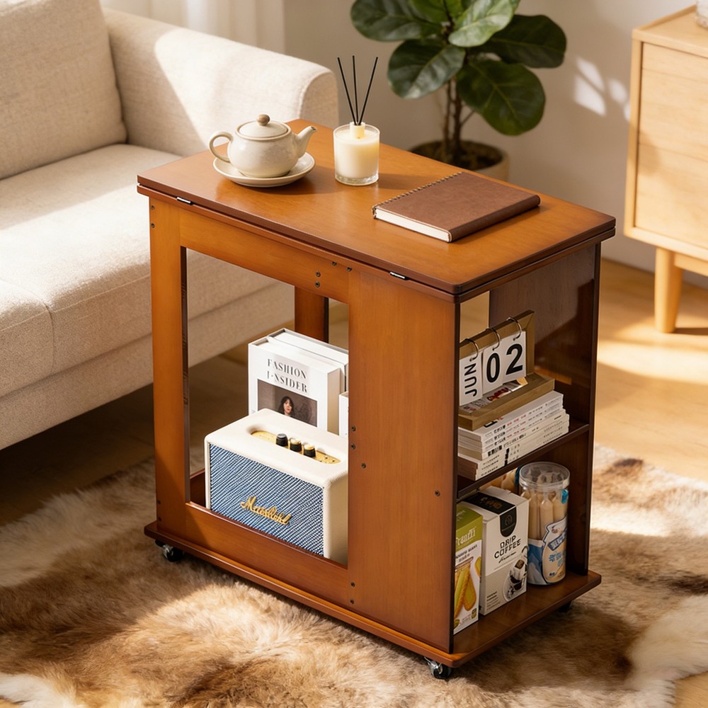 Bamboo folding edge table with movable storage, foldable tabletop suitable for