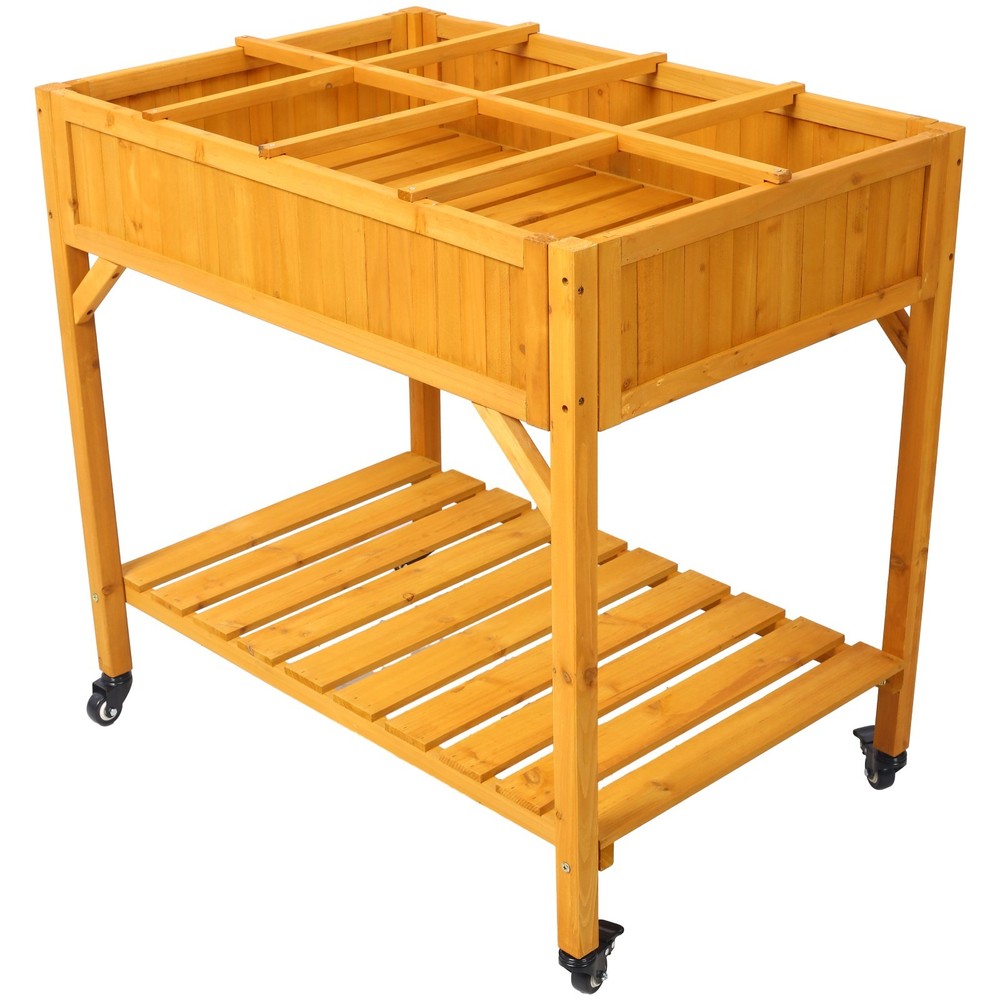 Mobile Elevated 8-Pocket Wood Planter w/ Lockable Wheels & Storage Shelf