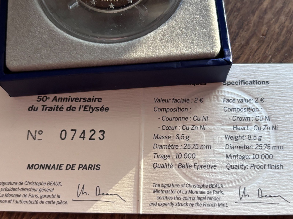 FRANCE, TRAITÉ DE L`ELYSÉE, 2 EURO, PROOF, 2013, COMMÉMORATIVE