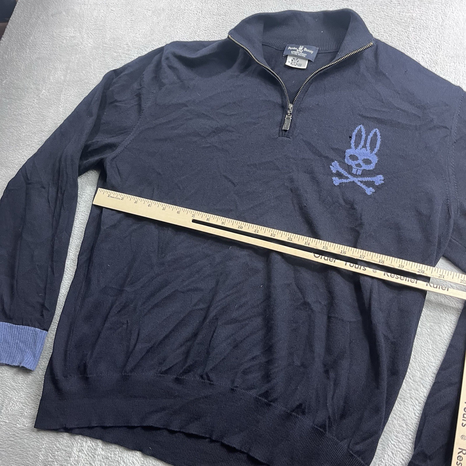 Psycho Bunny Mens XL Merino Wool Quarter Zip Mock Neck Blue Sweater Preppy