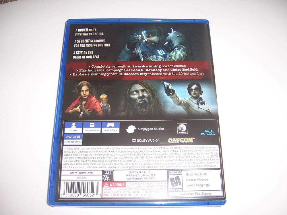 Original Box Case Replacement Sony PlayStation 4 PS4 Resident Evil 2 Two