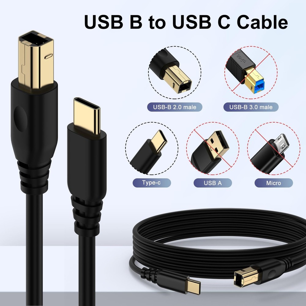 10FT USB B to C Printer Cable, Type B C Cord MIDI 10FT, Black