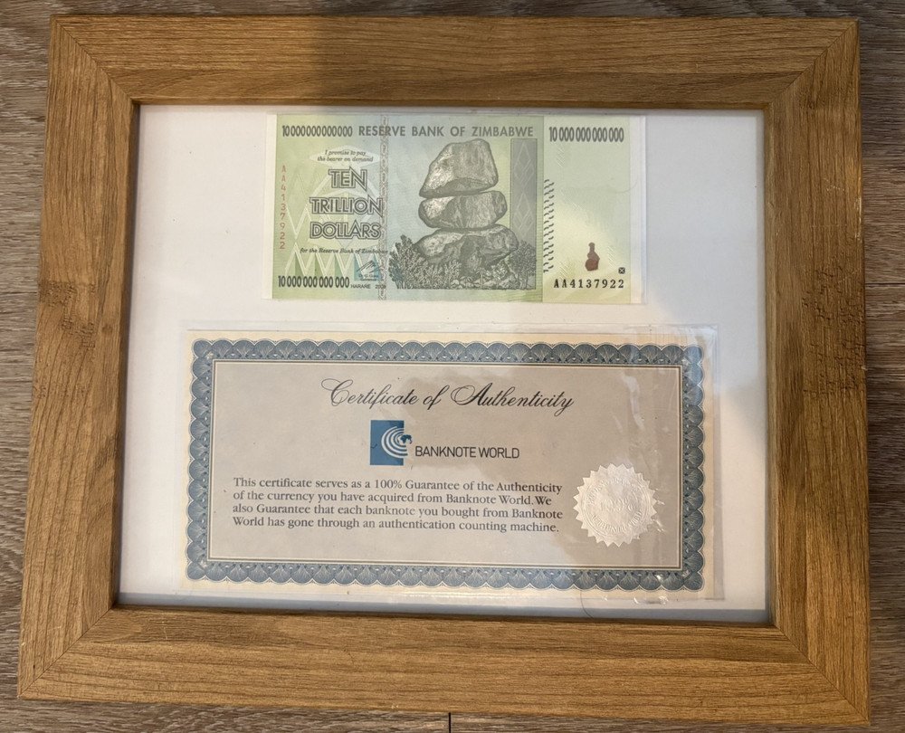 Zimbabwe 10 Trillion Dollars Banknote, Authentic in Display Frame